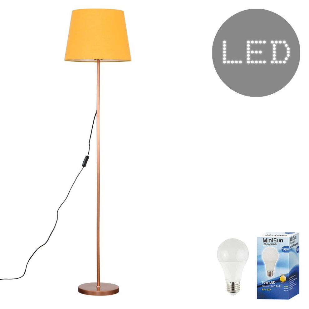 Modern Standard Floor Lamp in a Copper Metal Finish with a Mustard Tapered Shade - Complete with a 10w LED GLS Bulb [3000K Warm White]