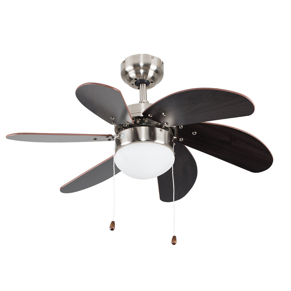 Silver Chrome & Wood 30" Modern 6 Blade Ceiling Fan with Flush Light - Complete with a 4w LED Golfball Bulb [3000K Warm White]