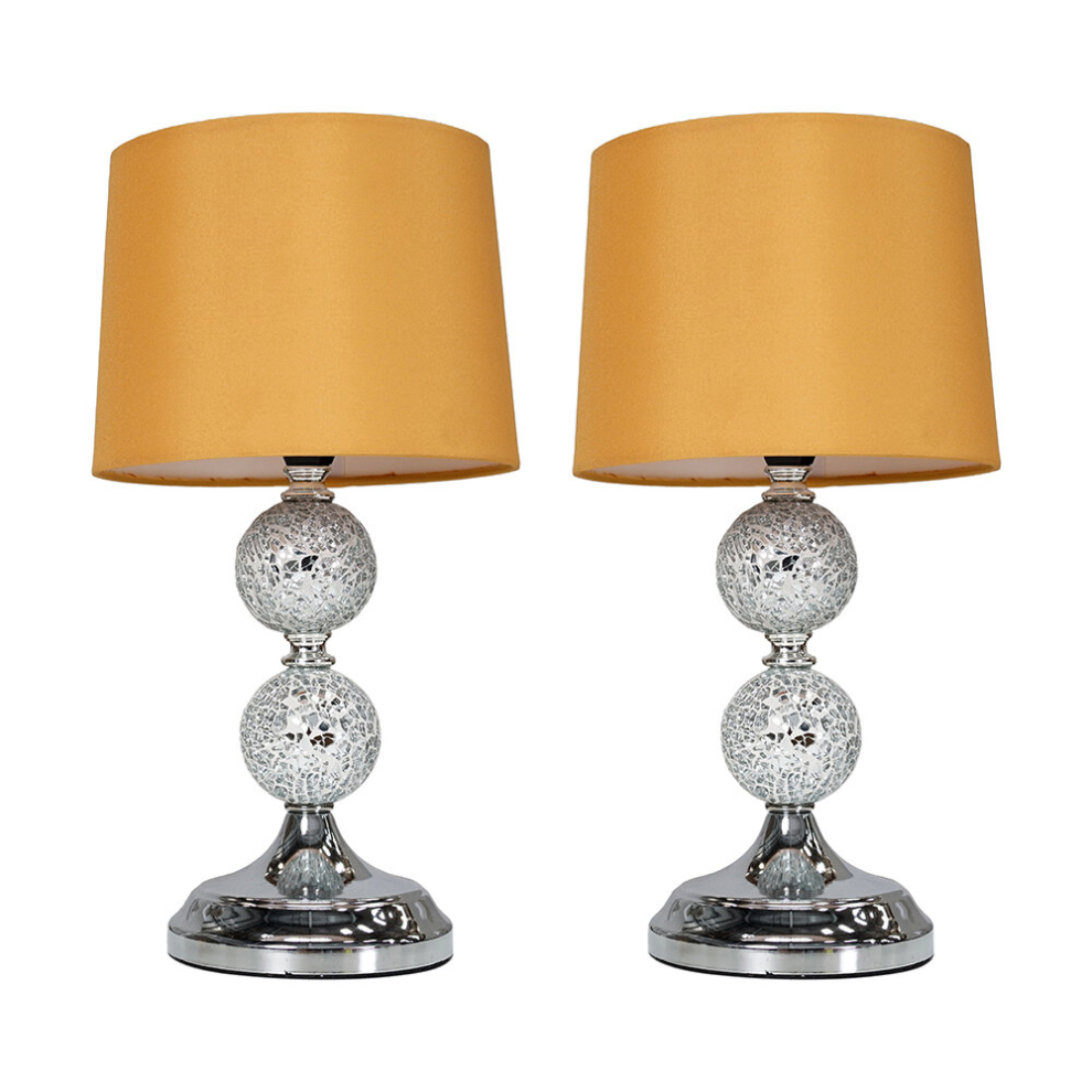 Pair of - Modern Decorative Chrome & Mosaic Crackle Glass Table Lamps with a Mustard Shade - Complete with 4w LED Bulbs [3000K Warm White]