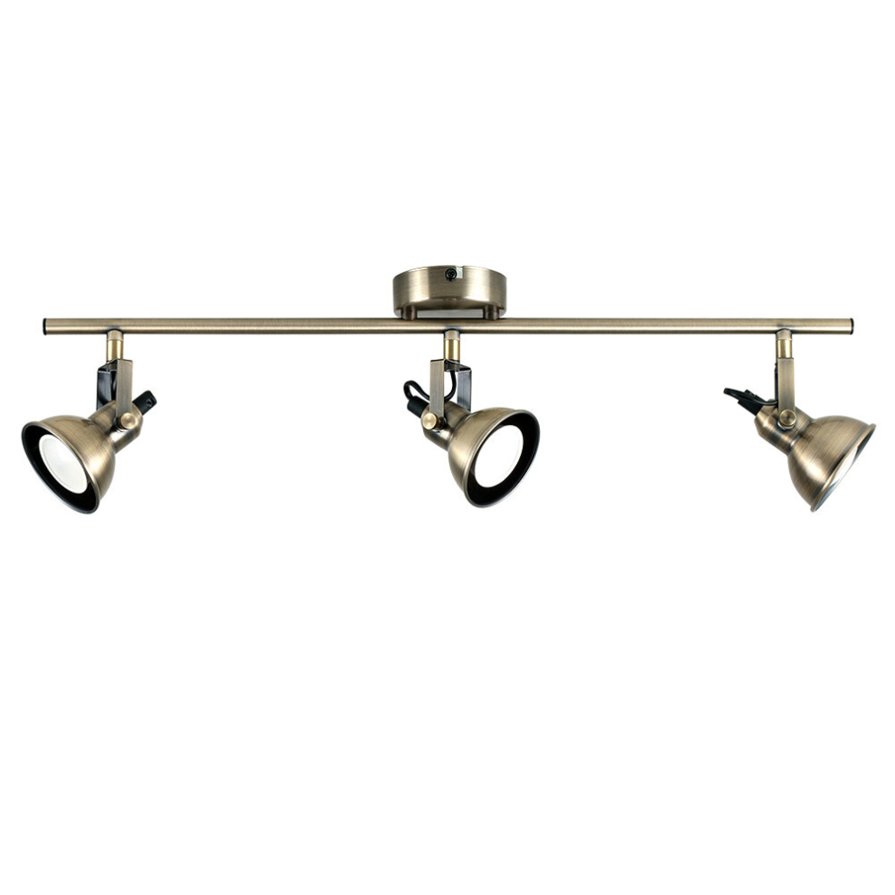 Modern 3 Way Adjustable Domed Heads Straight Bar Ceiling Spotlight in an Antique Brass Finish