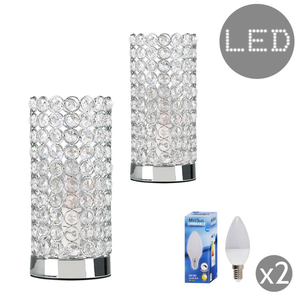 Pair of - Modern Polished Chrome & Clear K9 Crystal Jewel Cylinder Touch Table Lamps - Complete with 5w LED Dimmable Candle Bulbs [3000K Warm White]