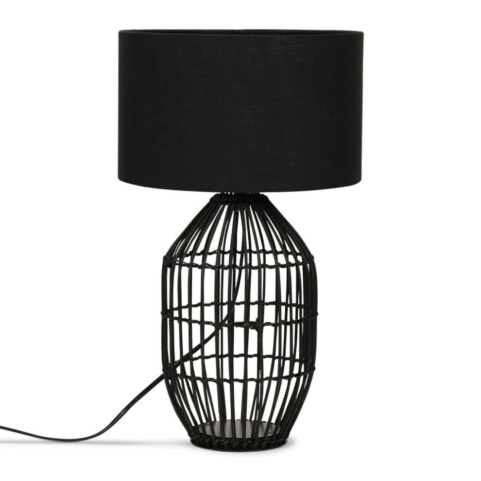 Contemporary Small Matt Black Rattan Cylinder Table Lamp with a Black Cylinder Shade - Complete with a 6w LED GLS Bulb [3000K Warm White]