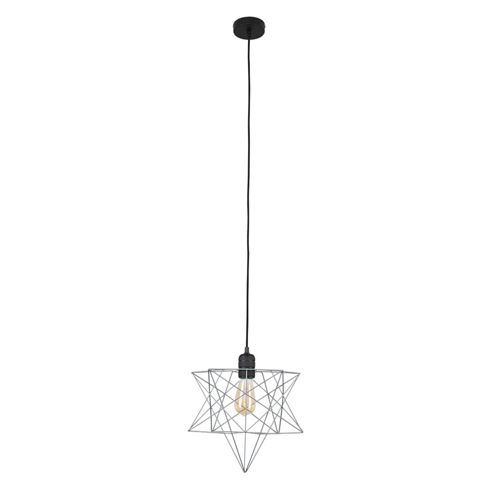 Retro Matt Black Ceiling Pendant Light Fitting with a Grey Geometric Star Shade - Complete with a 4w LED Filament Bulb [2700K Warm White]