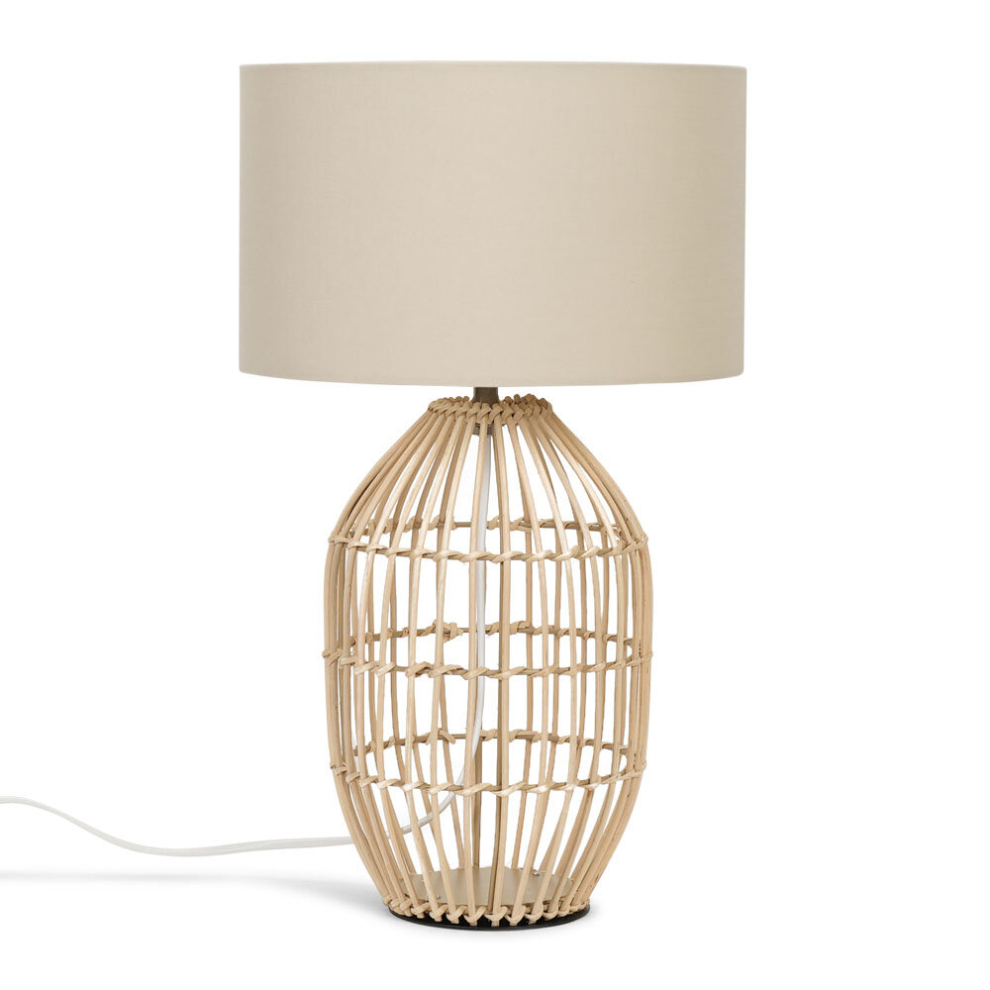 Contemporary Small Natural Rattan Cylinder Table Lamp with a Beige Cylinder Shade - Complete with a 6w LED GLS Bulb [3000K Warm White]