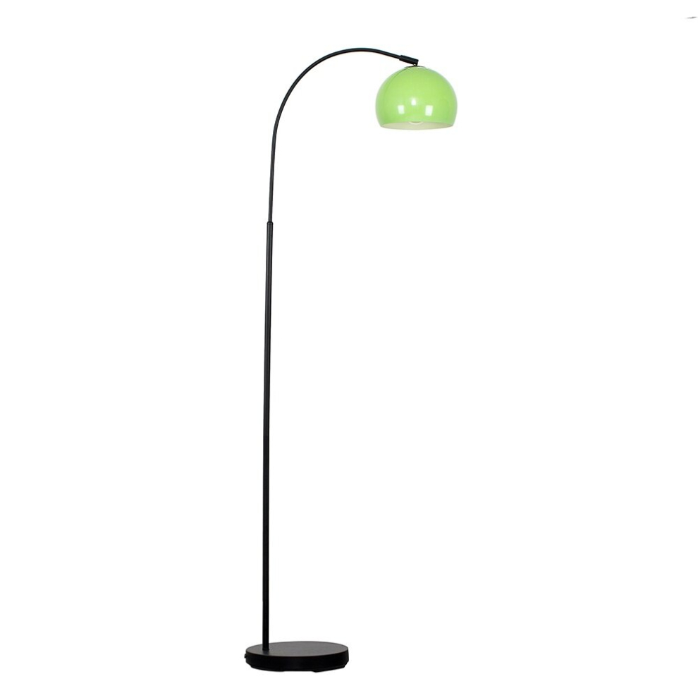 Modern Designer Style Black Curved Stem Floor Lamp with a Gloss Green Arco Style Metal Dome Light Shade - With a 6w LED GLS Bulb [3000K Warm White]