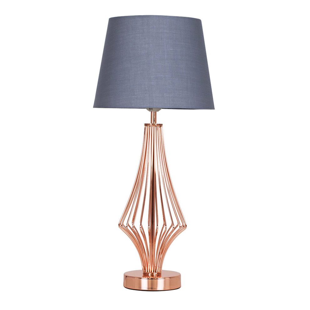 Modern Polished Copper Metal Wire Geometric Diamond Design Table Lamp with a Grey Tapered Shade - Complete with a 6w LED GLS Bulb [3000K Warm White]