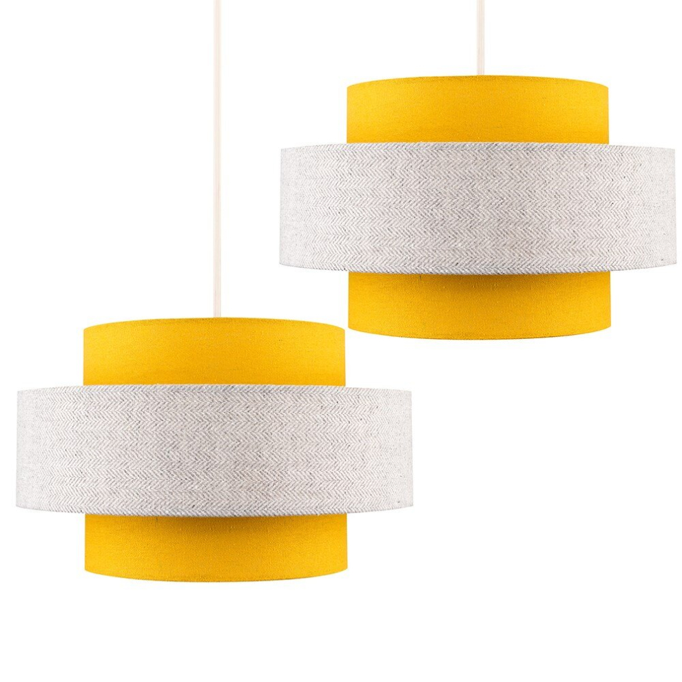 Pair of - Modern Cylinder Ceiling Pendant Light Shades in a Mustard & Grey Herringbone Finish - Complete with 10w LED GLS Bulbs [3000K Warm White]