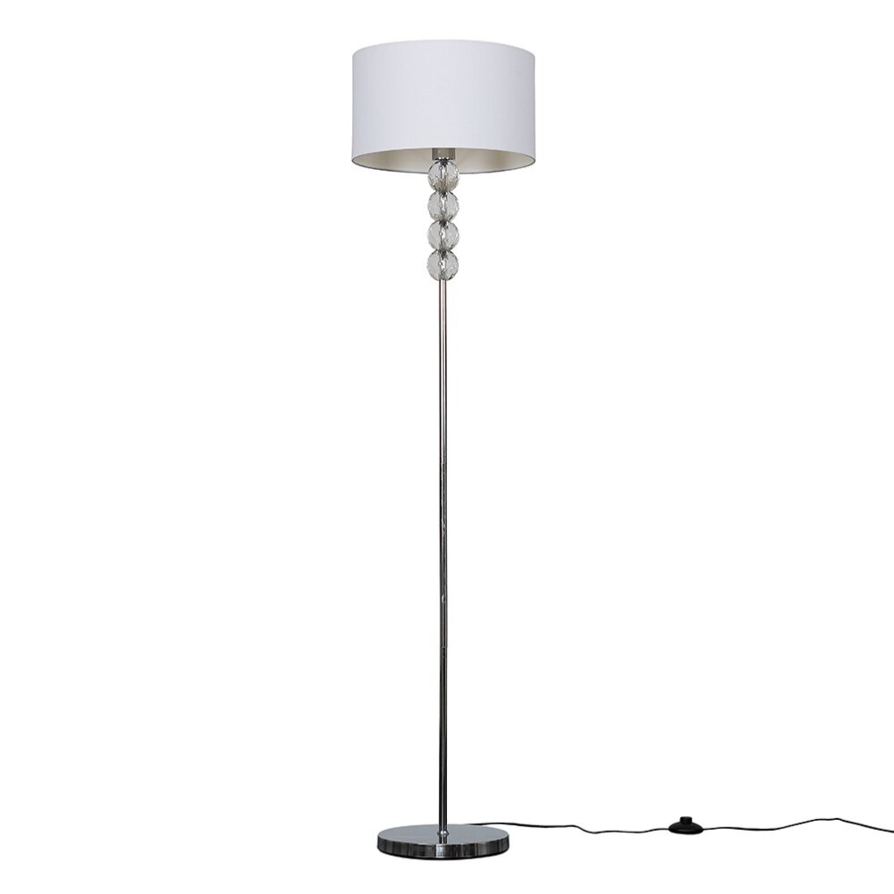 Modern Chrome & Clear Acrylic Balls Floor Lamp with a White Drum Shade - With 6w LED ES E27 Thermo Plastic Frosted GLS Bulb [3000K Warm White]