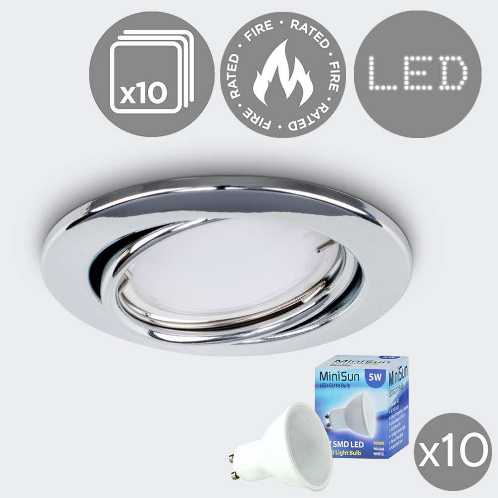 Pack of 10 Fire Rated Polished Chrome Tiltable GU10 Recessed Ceiling Downlights - Complete with 5w LED Bulbs [3000K Warm White]