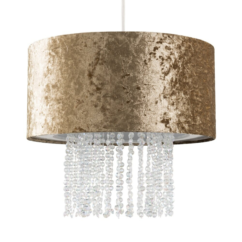 Modern Gold Velvet Cylinder Ceiling Pendant Light Shade with Clear Acrylic Droplets - Complete with a 10w LED Bulb [3000K Warm White]