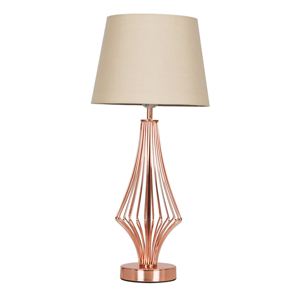 Modern Polished Copper Metal Wire Geometric Diamond Design Table Lamp with a Beige Tapered Shade - Complete with a 6w LED GLS Bulb [3000K Warm White]