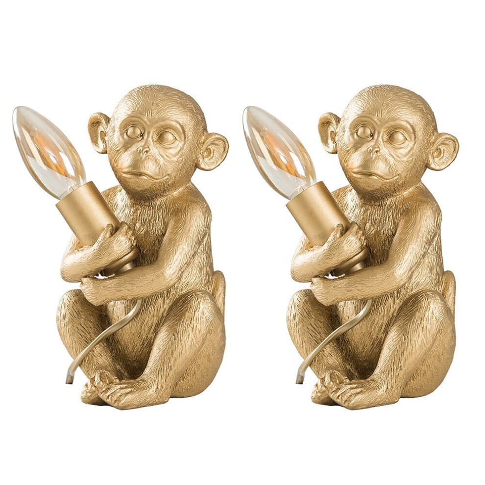 Pair of - Modern Metallic Gold Painted Baby Monkey Design Table Lamps