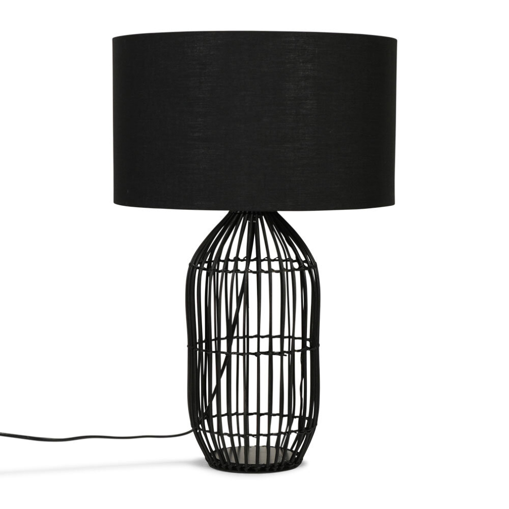 Contemporary Large Matt Black Rattan Cylinder Table Lamp with a Black Cylinder Shade - Complete with a 6w LED GLS Bulb [3000K Warm White]