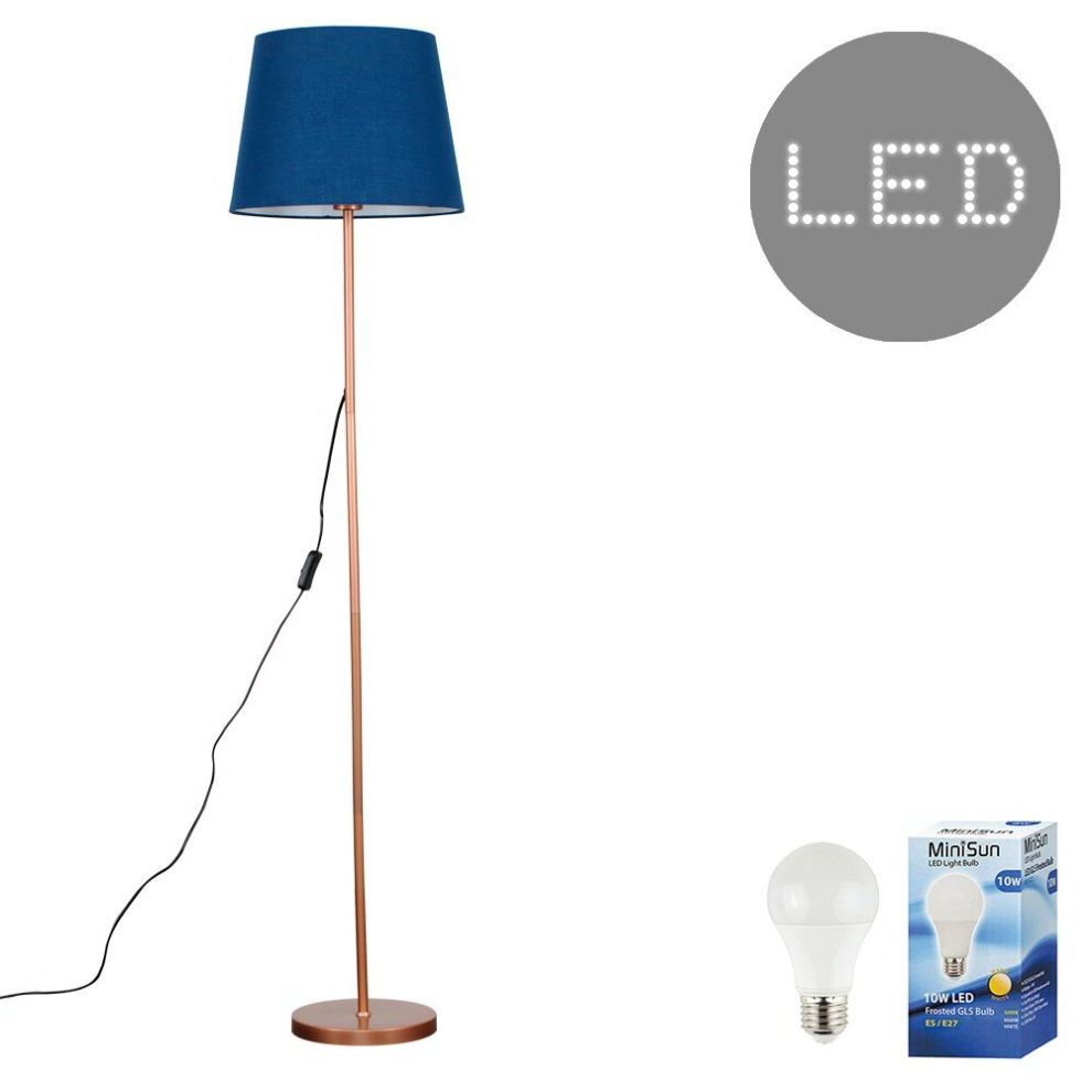 Modern Standard Floor Lamp in a Copper Metal Finish with a Navy BlueTapered Shade - Complete with a 10w LED GLS Bulb [3000K Warm White]