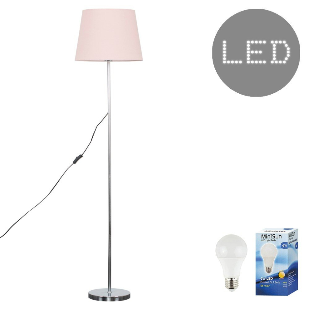 Modern Standard Floor Lamp in a Polished Chrome Metal Finish with a Pink Tapered Shade - Complete with 6w LED GLS Bulbs [3000K Warm White]