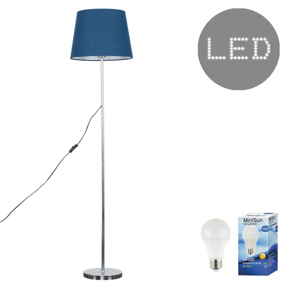 Modern Standard Floor Lamp in a Polished Chrome Metal Finish with a Navy Blue Tapered Shade - Complete with 6w LED GLS Bulbs [3000K Warm White]