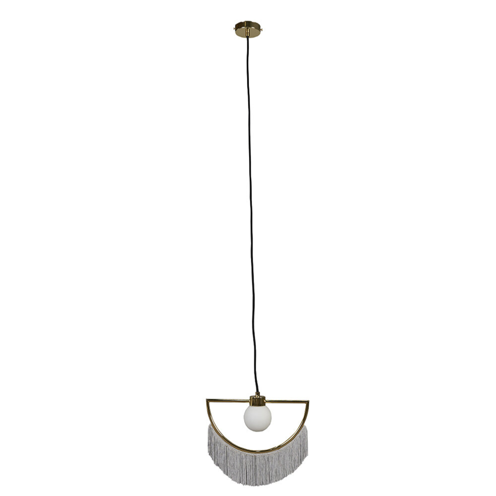 Contemporary Polished Brass Semicircle & Grey Tassel Fringe Ceiling Pendant Light with Frosted Globe Shade