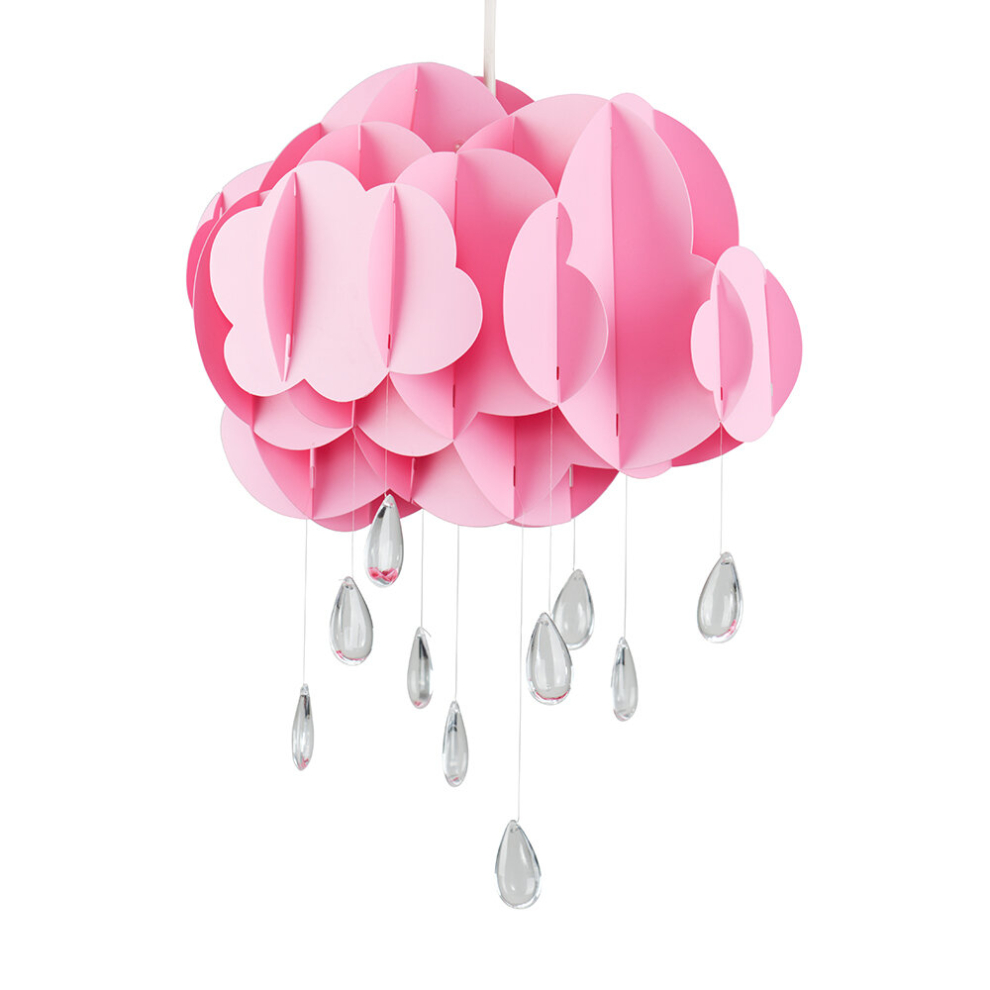 Pink Layered Rain Cloud Ceiling Pendant Light Shade with Acrylic Jewel Raindrop Water Droplets - Complete with a 10w LED Bulb [3000K Warm White]