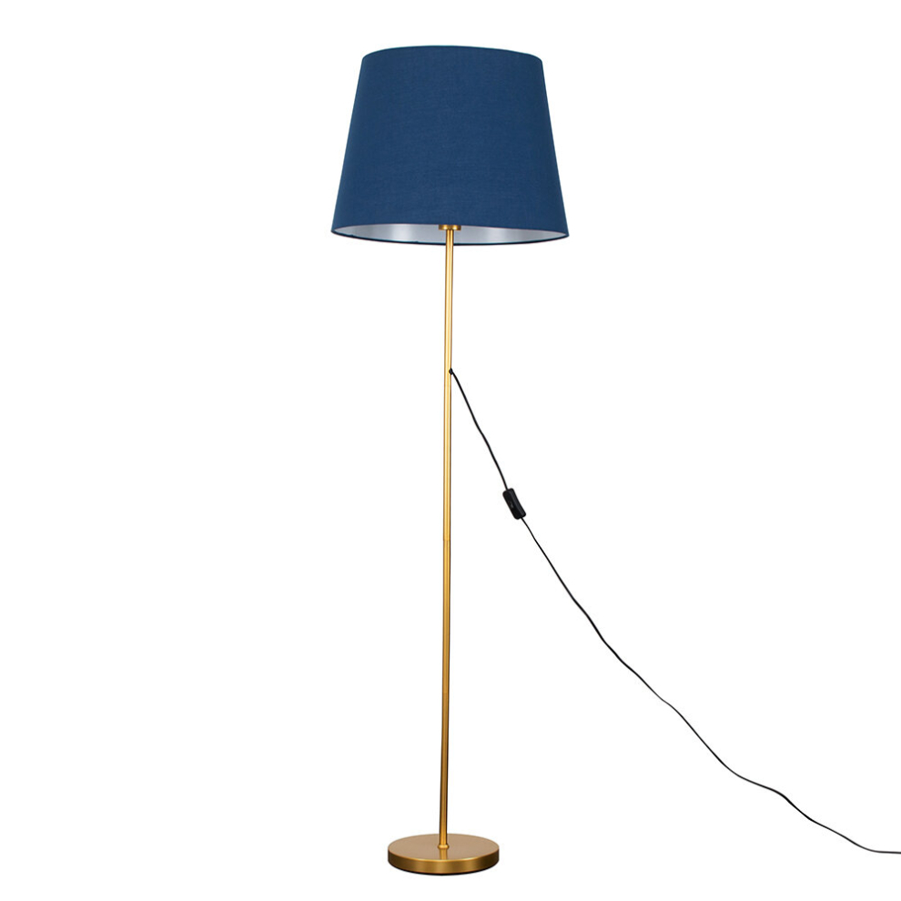 Modern Gold Metal Standard Floor Lamp with a Navy Blue Tapered Shade