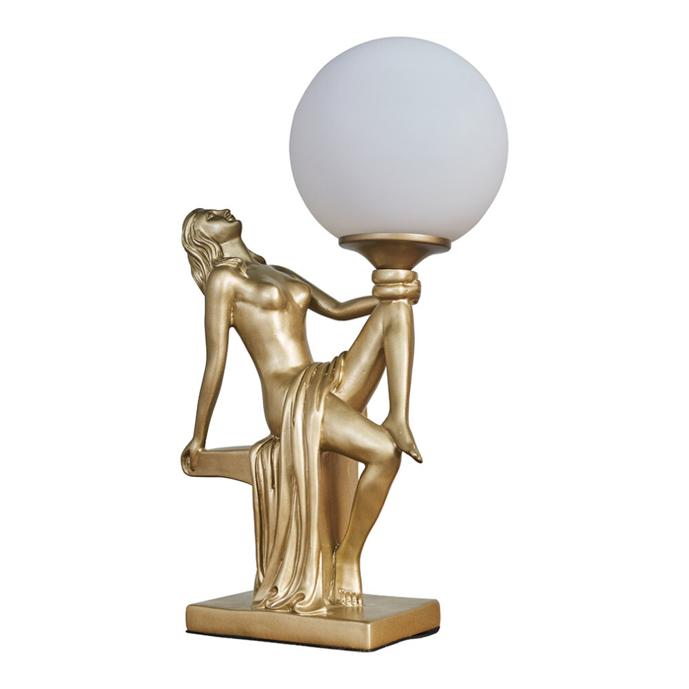 Matt Gold Art Deco Table Lamp with a White Opal Glass Globe Shade - Complete with a 4w LED Golfball Bulb [3000K Warm White]