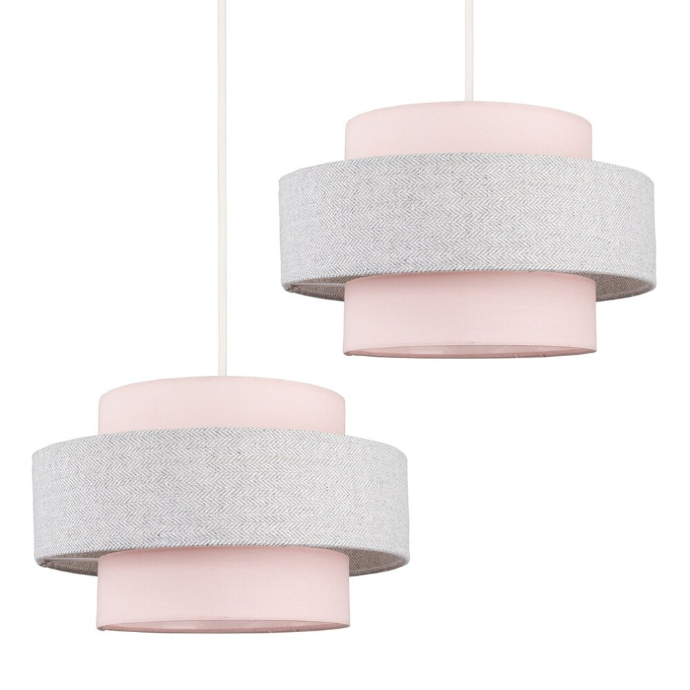 Pair of - Modern Cylinder Ceiling Pendant Light Shades in a Pink & Grey Herringbone Finish - Complete with 10w LED GLS Bulbs [3000K Warm White]