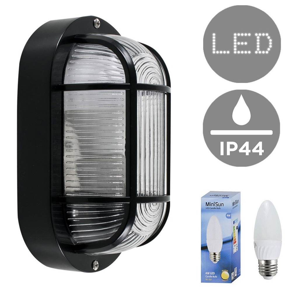 Modern Black Outdoor Garden Security Bulkhead Wall Light - IP44 Rated - Complete with 1 x 4w LED Bulb