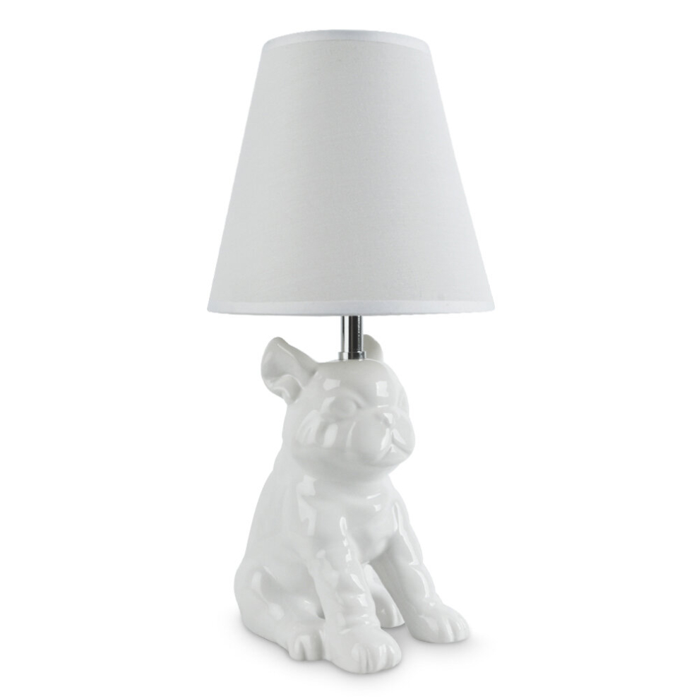 Modern White Ceramic French Bull Dog Table Lamp with A White Polycotton Light Shade - Complete with 1 x 3000K Warm White LED Bulb