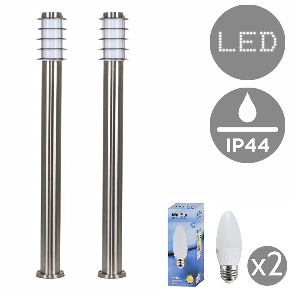 Pair of - Modern Outdoor Stainless Steel Bollard Lantern Light Posts - 1 Metre - Complete with 4w LED Candle Bulbs [3000K Warm White]