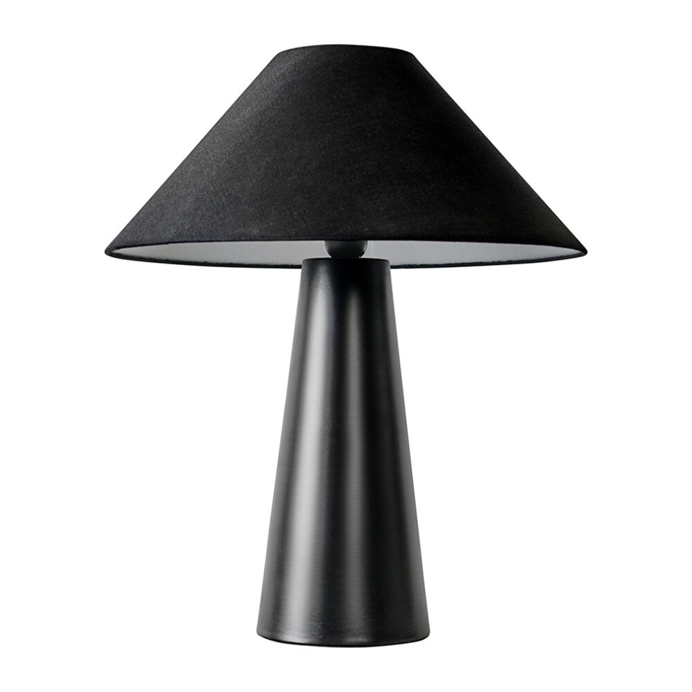 Matt Black Cone Shaped Bedside Table Desk Lamp with a Tapered Fabric Light Shade