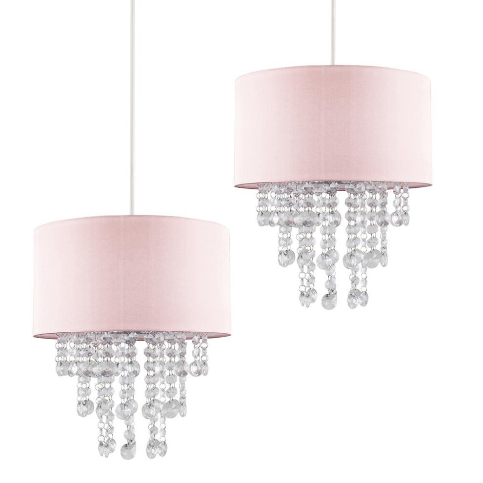 Pair of - Modern Pink Cylinder Ceiling Pendant Light Shades with Clear Acrylic Jewel Effect Droplets