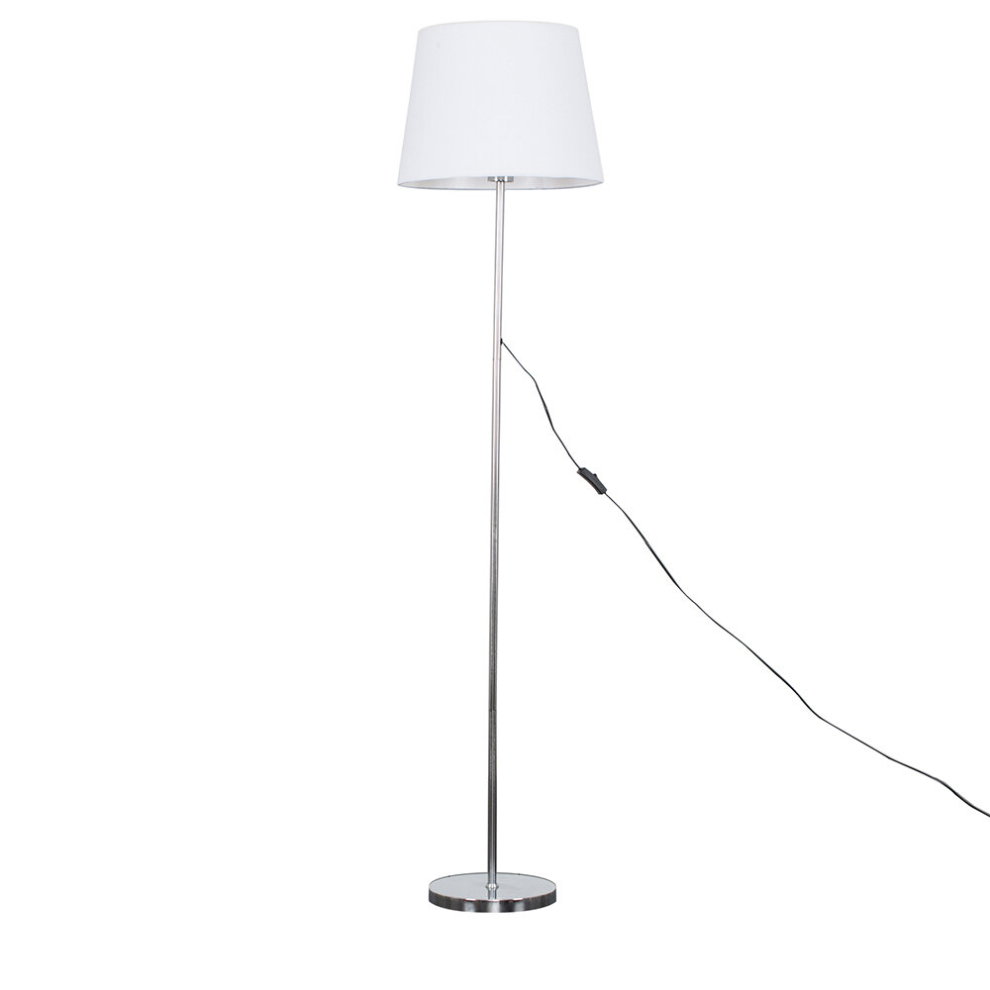 Modern Standard Floor Lamp in a Polished Chrome Metal Finish with a White Tapered Light Shade