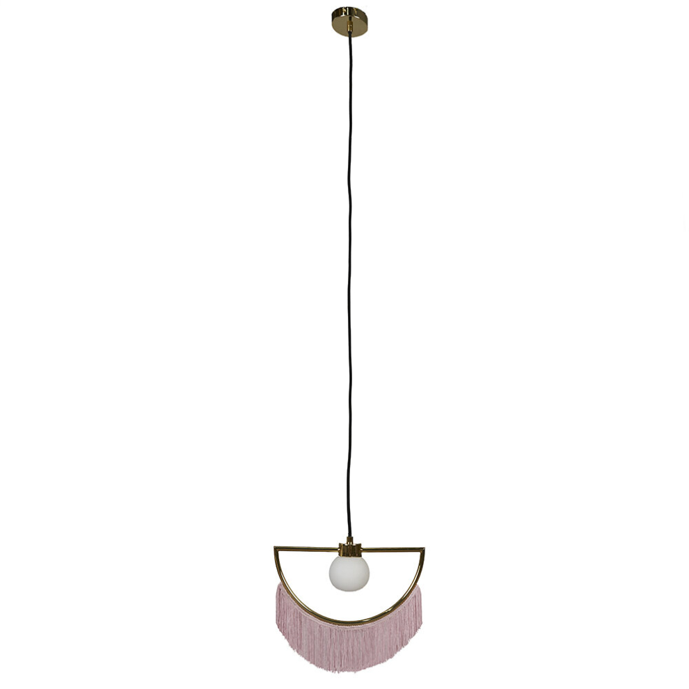 Contemporary Polished Brass Semicircle & Pink Tassel Fringe Ceiling Pendant Light with Frosted Globe Shade - With a 3w LED G9 Bulb [3000K Warm White]