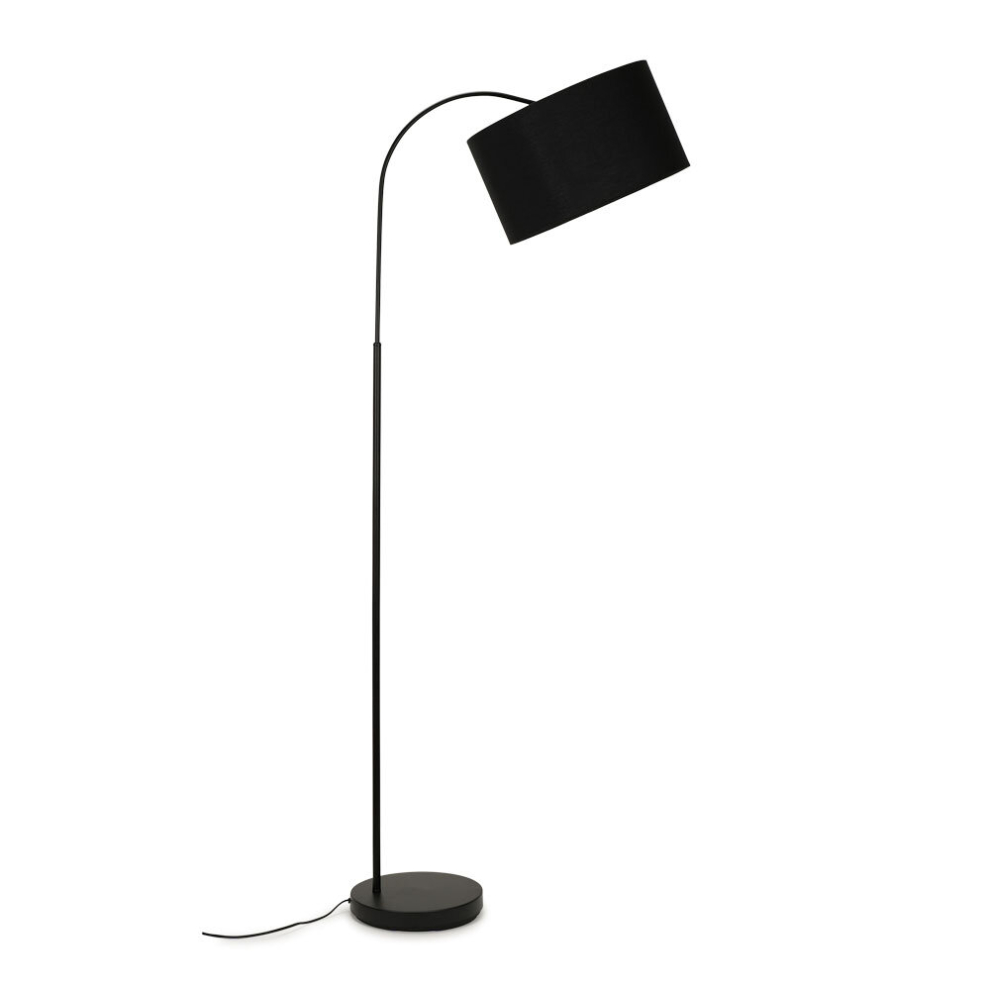 Modern Designer Style Black Curved Stem Floor Lamp with a Black Cylinder Shade - Complete with a 6w LED GLS Bulb [3000K Warm White]