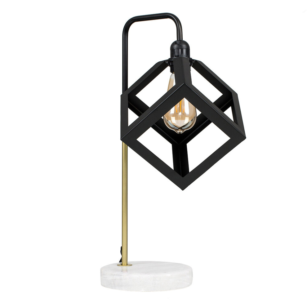 Retro Black/Gold Effect Metal & White Marble Table Lamp with a Black Metal Puzzle Cube Light Shade - With 4w LED Filament Bulb [2700K Warm White]