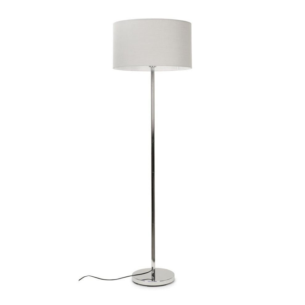 Modern Standard Floor Lamp in a Polished Chrome with a Grey Drum Shade