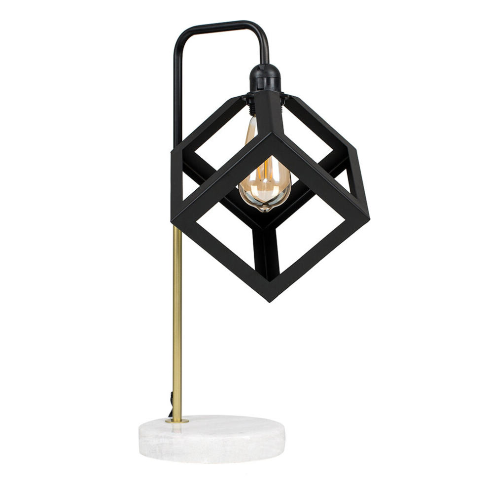 Retro Black/Gold Effect Metal & White Marble Table Lamp with a Black Metal Puzzle Cube Light Shade