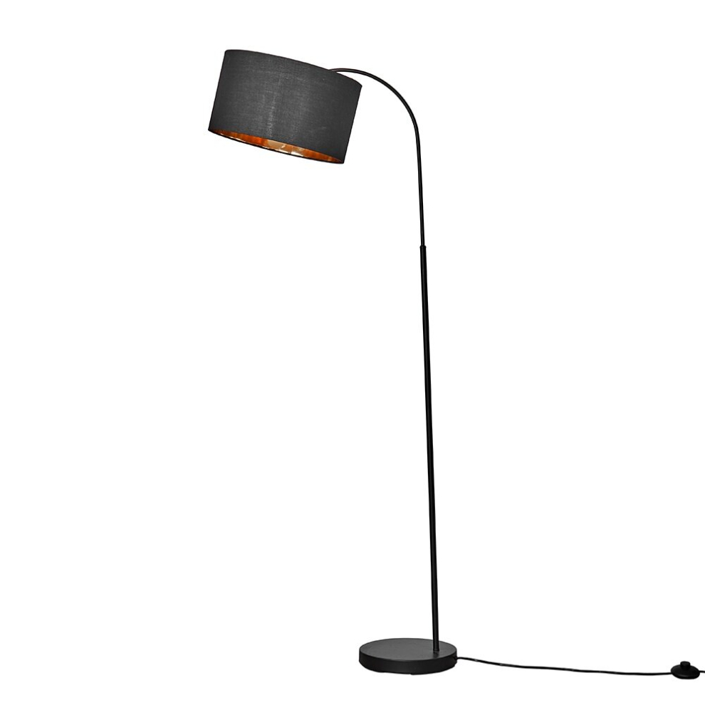 Modern Designer Style Black Curved Stem Floor Lamp with a Black/Gold Drum Shade - Complete with a 6w LED GLS Bulb [3000K Warm White]