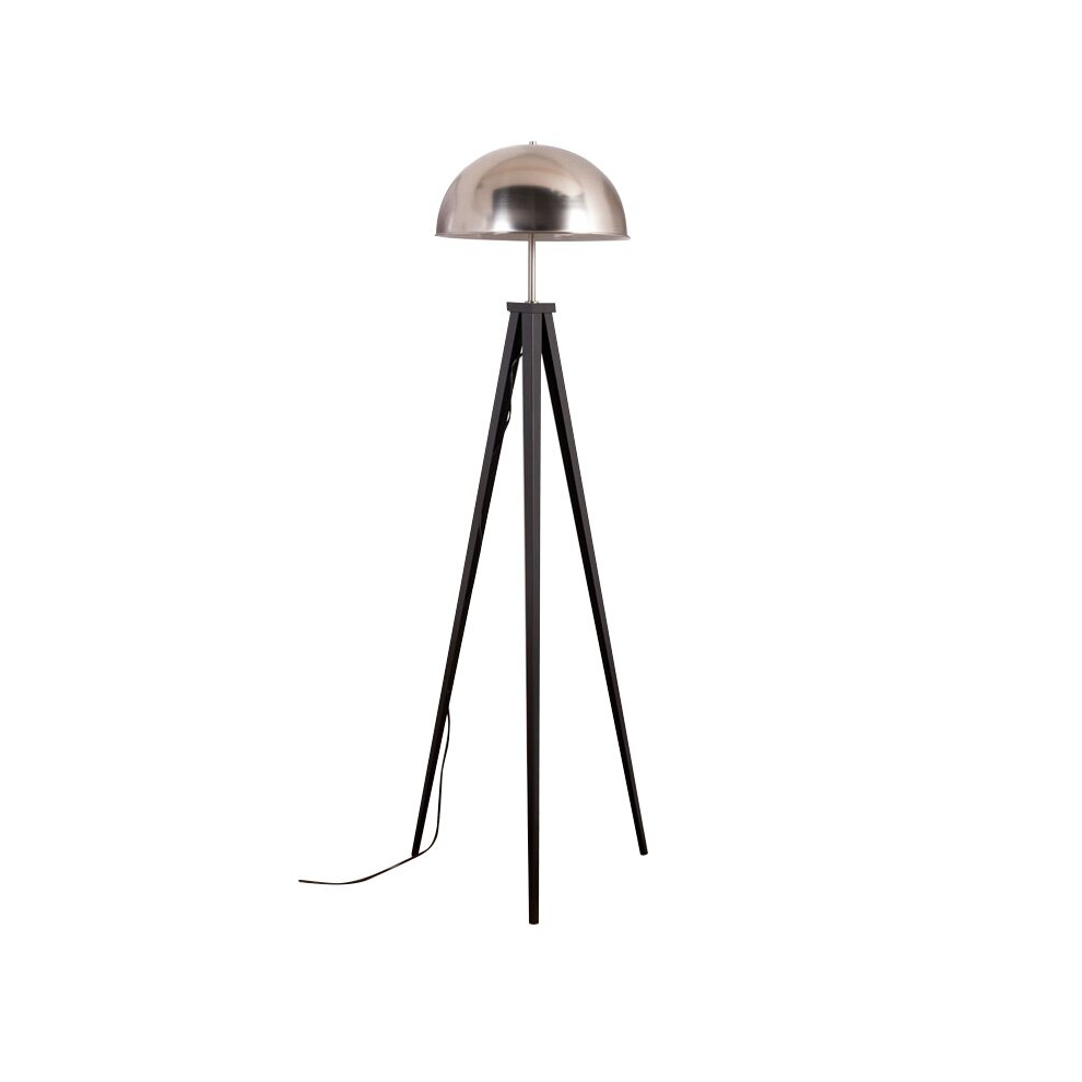 Black Metal Tripod Standing Floor Lamp with a Silver Brushed Chrome Dome Shade