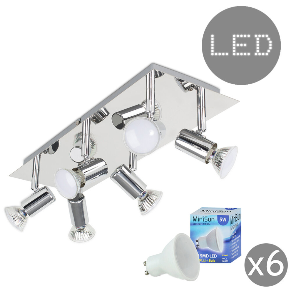 Modern Rectangular Silver Chrome 6 Way Adjustable GU10 Ceiling Spotlight - Complete with 5w LED Bulbs [6500K Cool White]