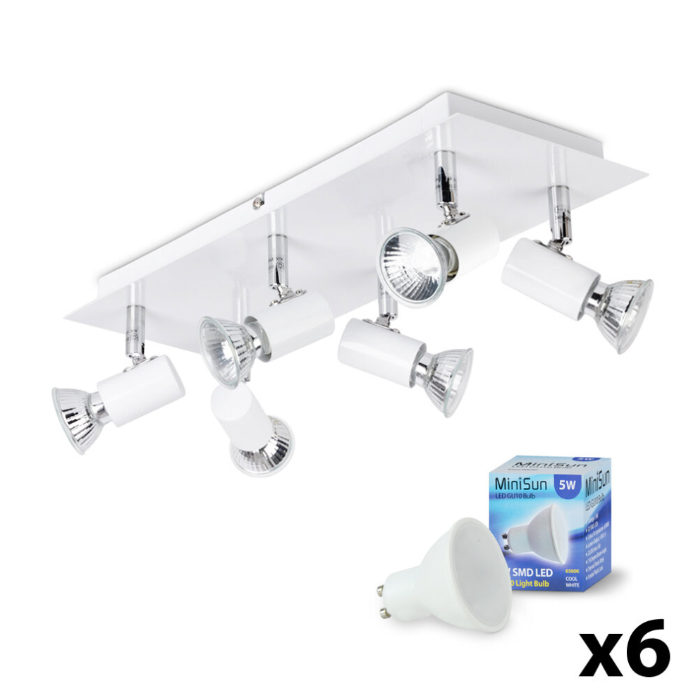 Modern Rectangular White & Chrome 6 Way Adjustable GU10 Ceiling Spotlight - Complete with 5w LED Bulbs [6500K Cool White]