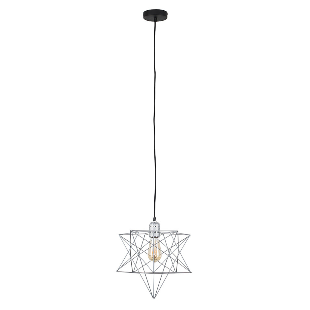 Retro Silver Chrome Ceiling Pendant Light Fitting with a Grey Geometric Star Shade