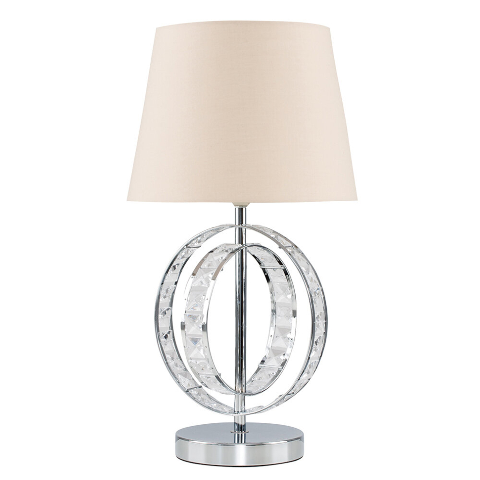 Modern Chrome Acrylic Jewel Intertwined Double Hoop Design Table Lamp with a Beige Polycotton Tapered Light Shade