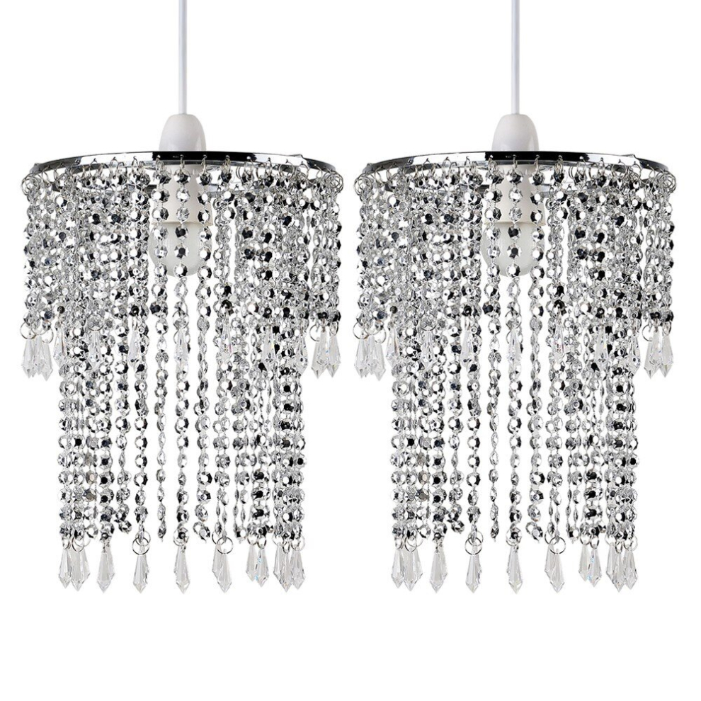 Pair of - Modern Sparkling Chrome Acrylic Crystal Jewel Bead Effect Ceiling Pendant Light Shades with 10w LED GLS Bulbs [3000K Warm White]