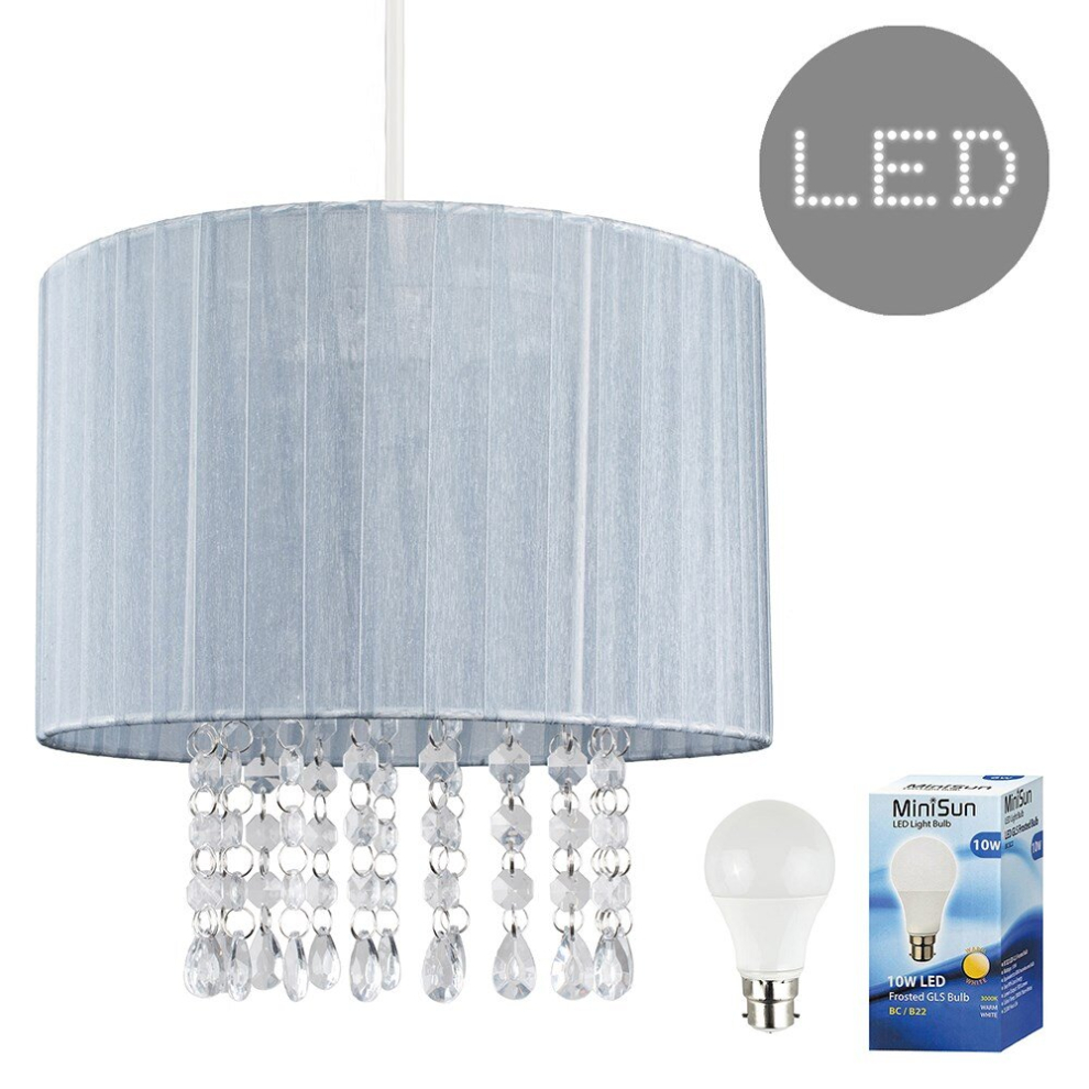 Modern Grey Voile Ribbon Wrapped Pendant Shade with Acrylic Droplets - Complete with a 10w LED GLS Bulb [3000K Warm White]