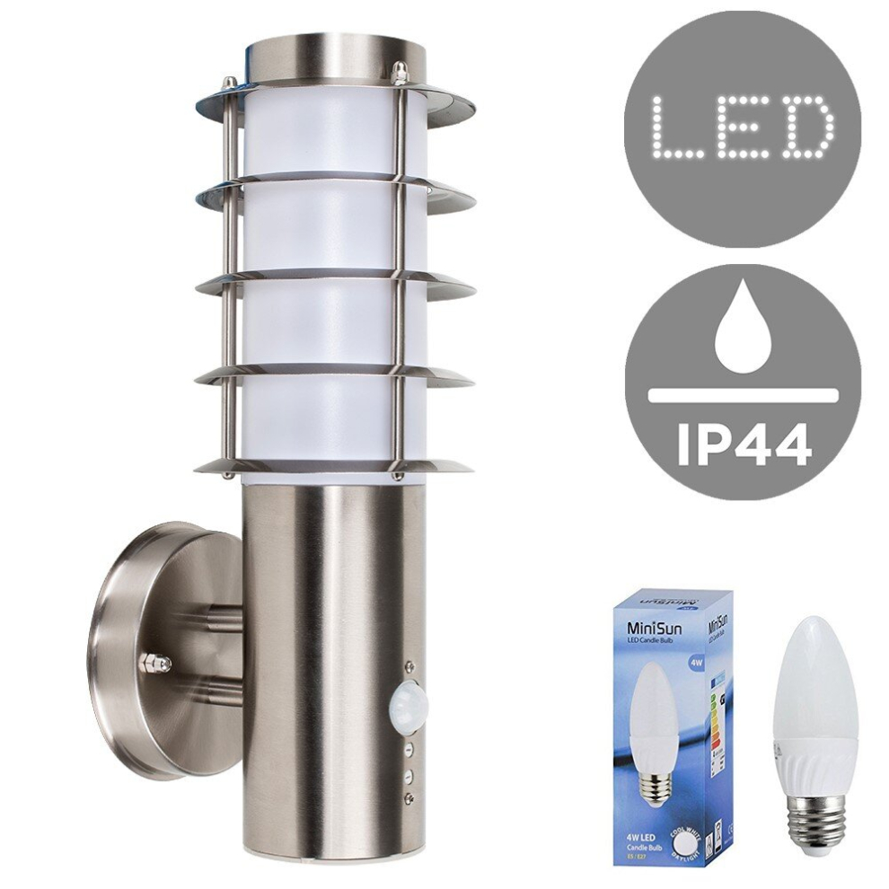 Modern Outdoor Decorative PIR Sensor Stainless Steel Wall Light Lantern - Complete with a 4w LED Candle Bulb [6500K Cool White]