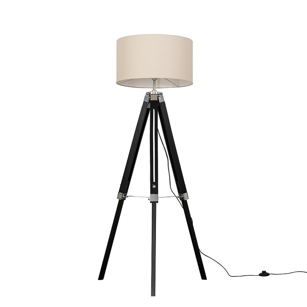 Modern Black Wood and Silver Chrome Tripod Floor Lamp with a Beige Drum Shade