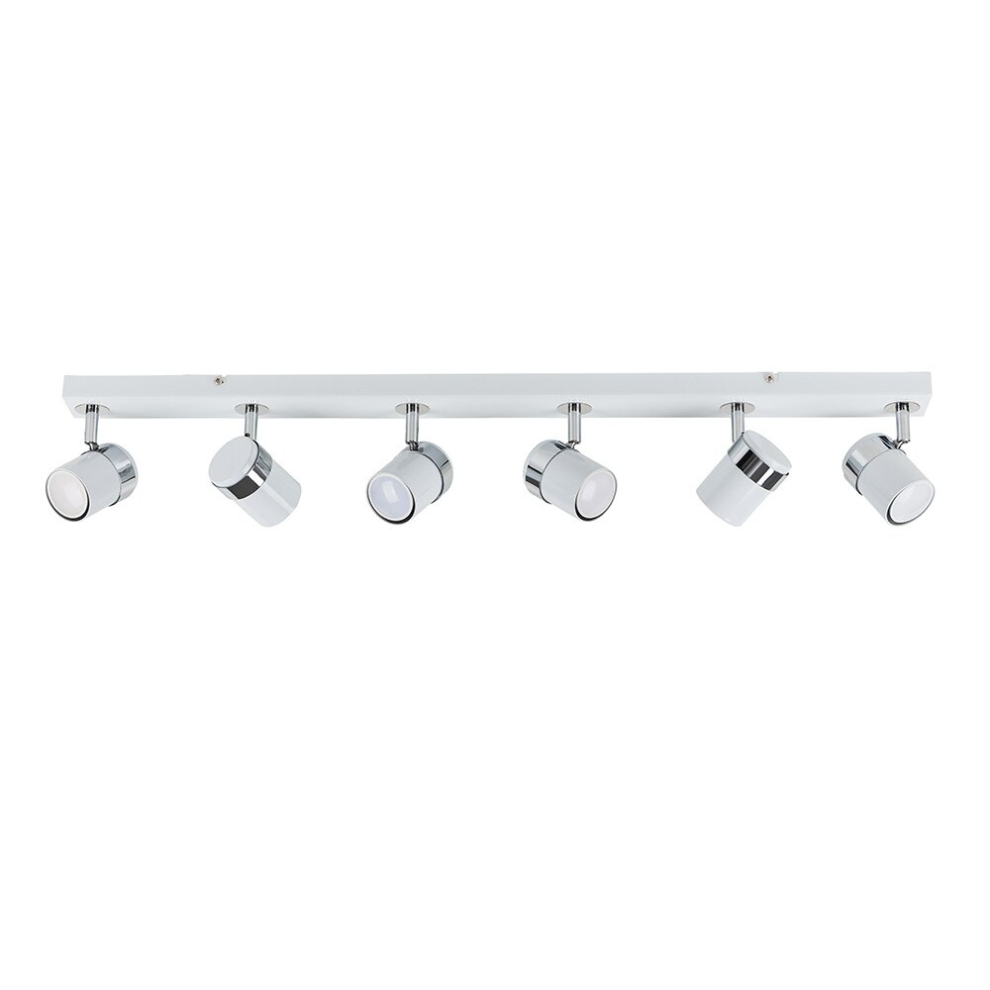 Modern 6 Way Straight Bar Ceiling Spotlight Fitting in a Gloss White/Chrome Finish - Complete with 5w GU10 LED Bulbs [6500K Cool White]