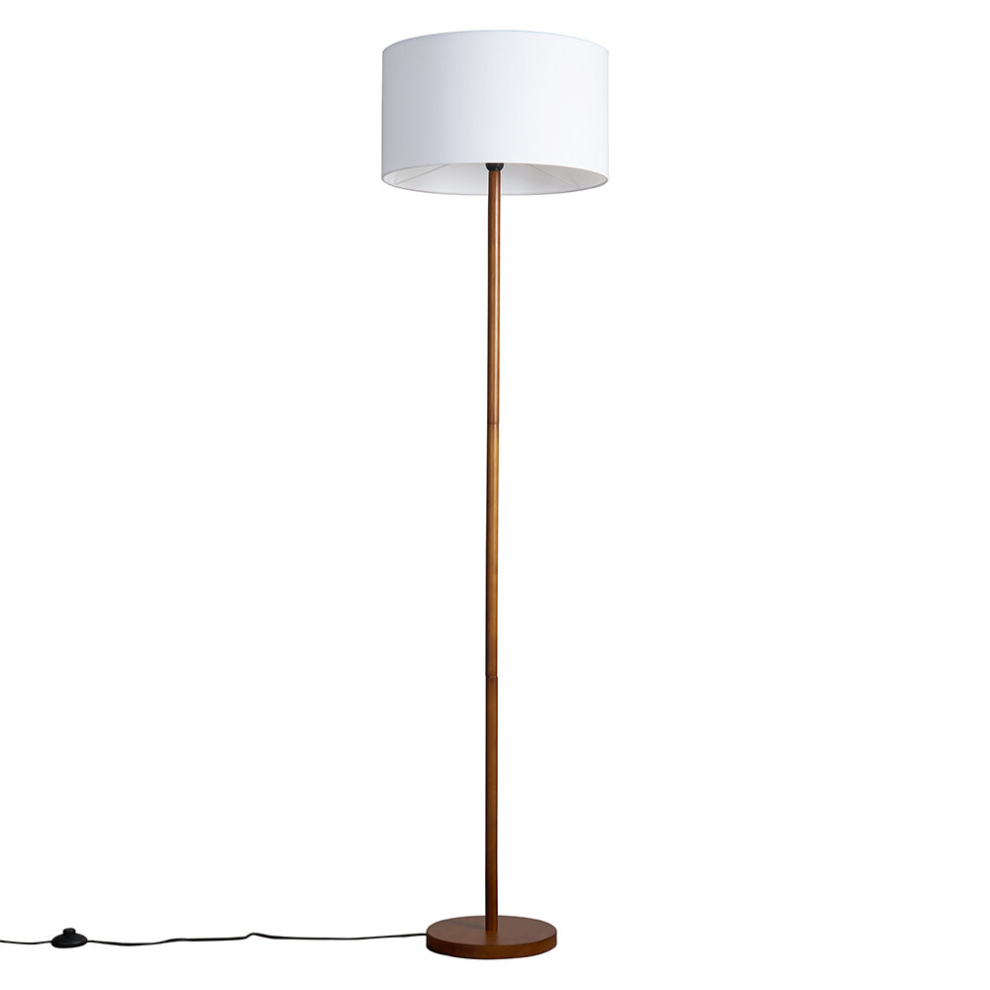 Modern Scandi Floor Lamp in a Dark Wooden Finish with a White Drum Shade - Complete with a 6w LED GLS Bulb [3000K Warm White]