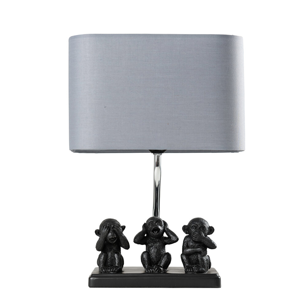 Modern Black Three Wise Monkeys Table Lamp with a Grey Shade - Complete with a 4w LED Bulb [3000K Warm White]