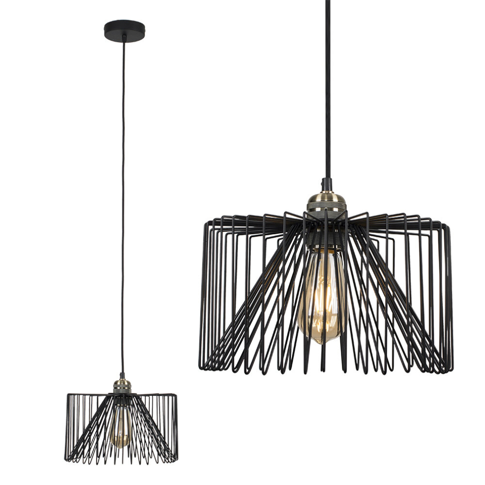 Modern Antique Brass Ceiling Rose & Flex Lampholder Fitting with a Black Wire Design Cylinder Shade